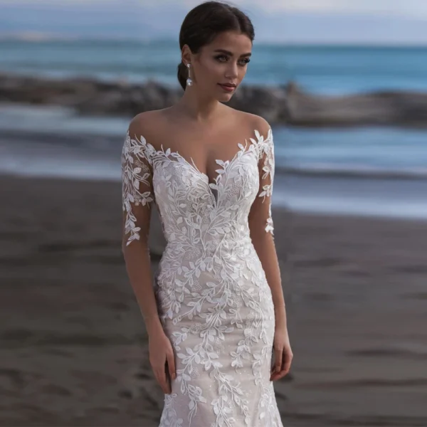 Elegant And Luxury V-Neck Lace Appliques Long Sleeves BeachTulle Wedding Dress - Image 3