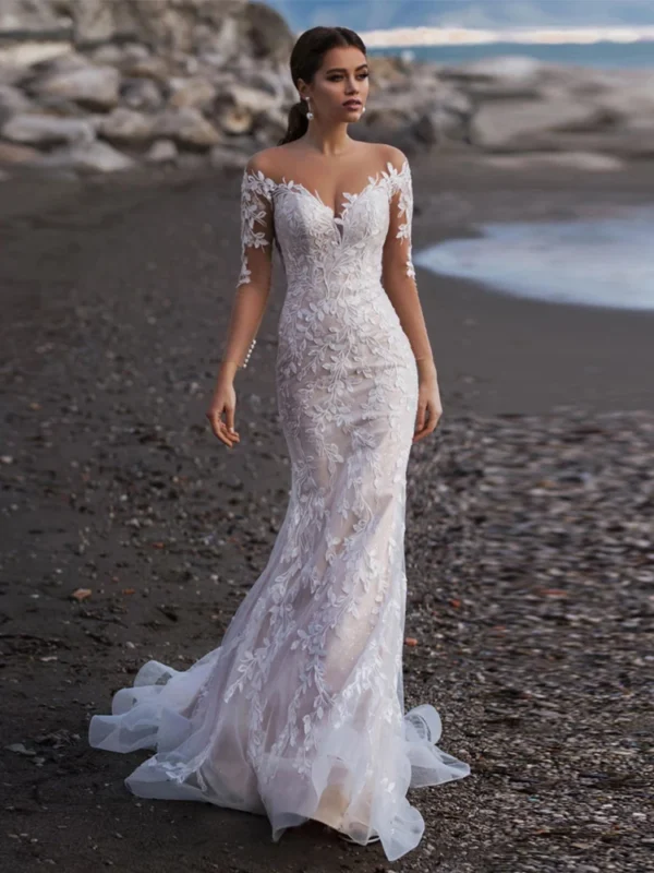 Elegant And Luxury V-Neck Lace Appliques Long Sleeves BeachTulle Wedding Dress - Image 4