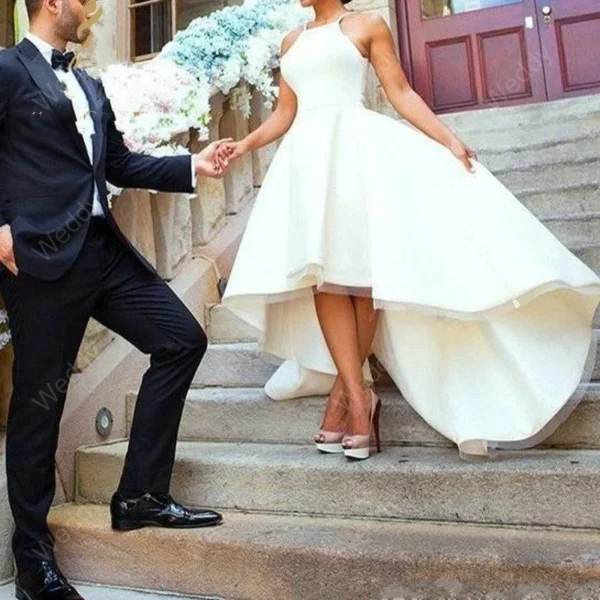 Very Elegant A-Line Satin High Low Robe Sleeveless Wedding Dresses - Image 3