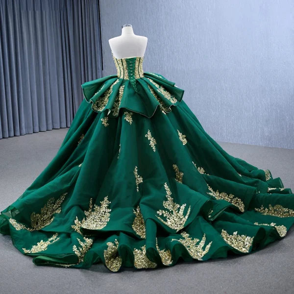 High-Quality International Royal Green Embroidery Beading Ruffles Ball Gown Evening Dress - Image 2