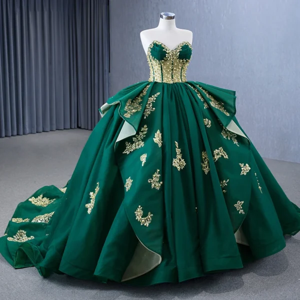 High-Quality International Royal Green Embroidery Beading Ruffles Ball Gown Evening Dress