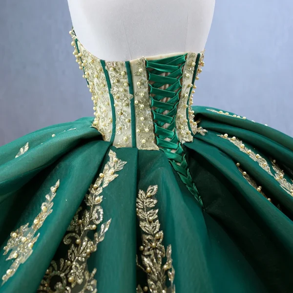 High-Quality International Royal Green Embroidery Beading Ruffles Ball Gown Evening Dress - Image 5