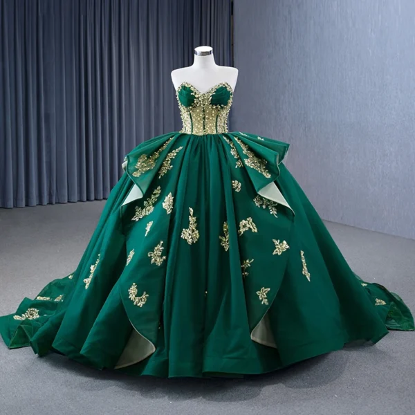 High-Quality International Royal Green Embroidery Beading Ruffles Ball Gown Evening Dress - Image 3