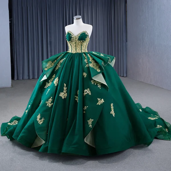 High-Quality International Royal Green Embroidery Beading Ruffles Ball Gown Evening Dress - Image 6