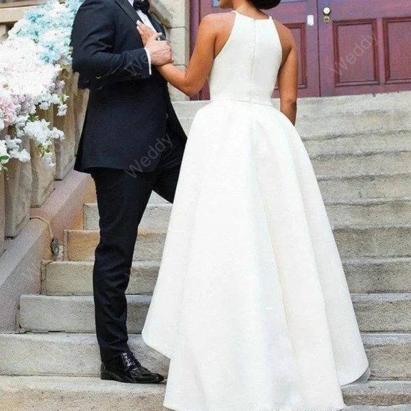 Very Elegant A-Line Satin High Low Robe Sleeveless Wedding Dresses - Image 2
