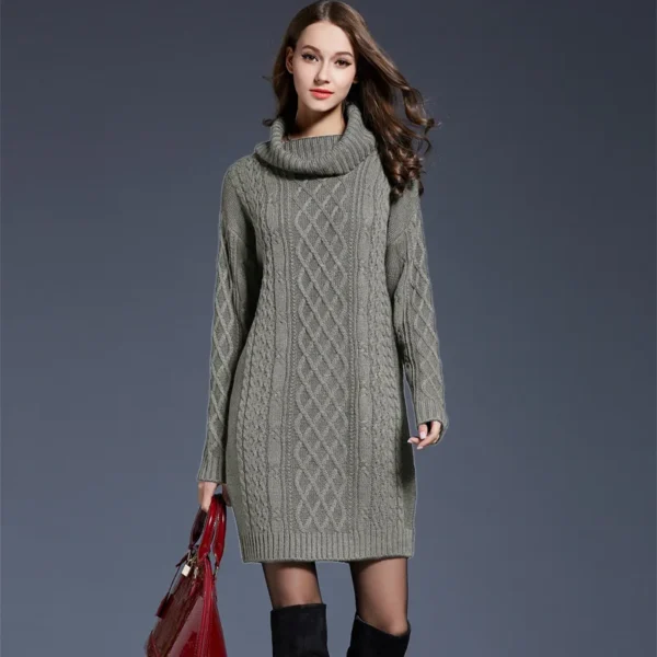 Elegant Solid Long Sleeve Winter Knitted Turtleneck Short Dress - Image 9