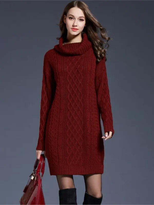 Elegant Solid Long Sleeve Winter Knitted Turtleneck Short Dress - Image 3
