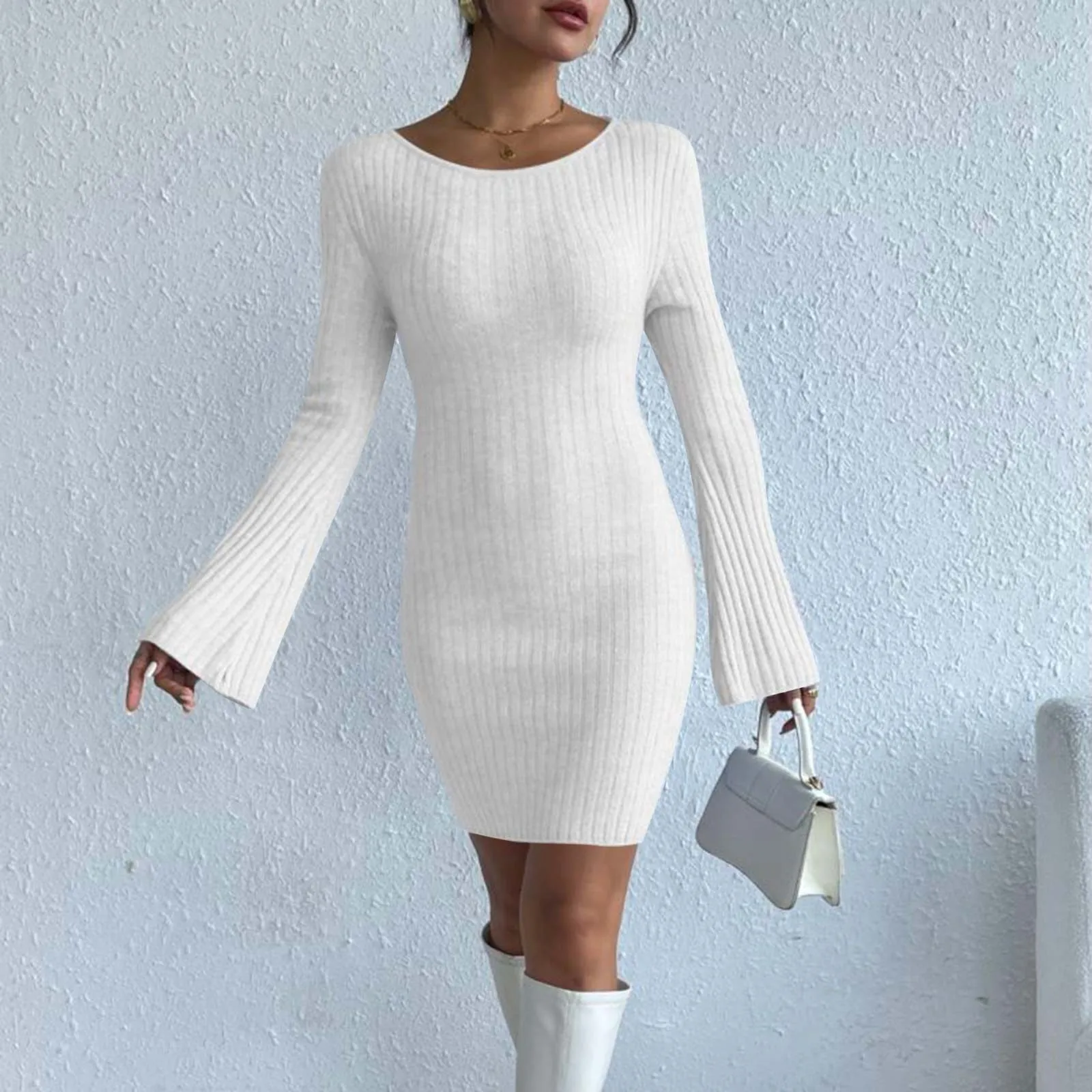 High-Quality Sexy Solid Knitted Long Sleeve Elegant Mini Dress