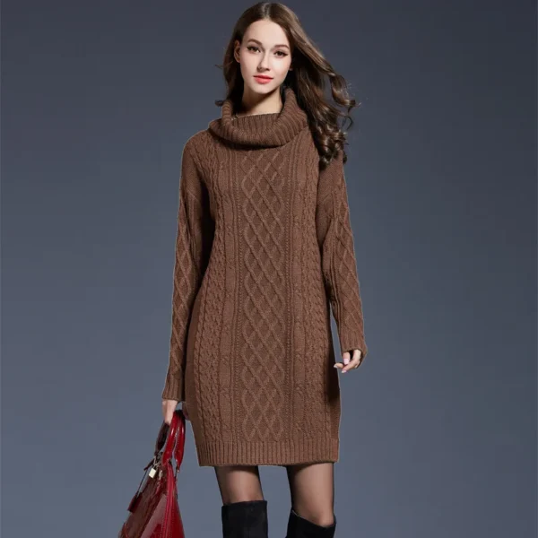 Elegant Solid Long Sleeve Winter Knitted Turtleneck Short Dress - Image 10