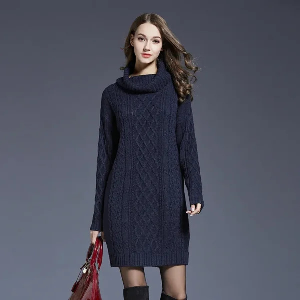 Elegant Solid Long Sleeve Winter Knitted Turtleneck Short Dress - Image 12
