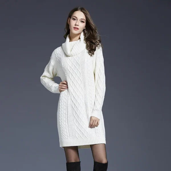Elegant Solid Long Sleeve Winter Knitted Turtleneck Short Dress - Image 7