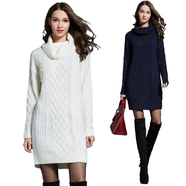 Elegant Solid Long Sleeve Winter Knitted Turtleneck Short Dress - Image 6