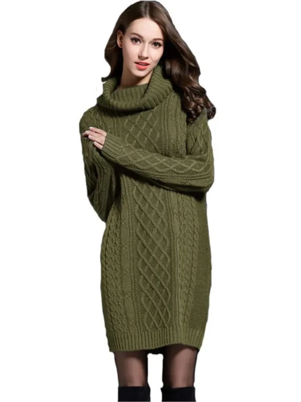 Elegant Solid Long Sleeve Winter Knitted Turtleneck Short Dress - Image 5