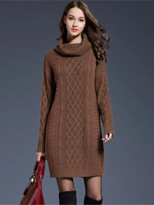 Elegant Solid Long Sleeve Winter Knitted Turtleneck Short Dress - Image 4