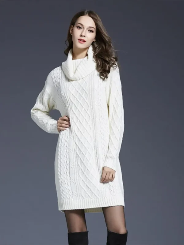 Elegant Solid Long Sleeve Winter Knitted Turtleneck Short Dress