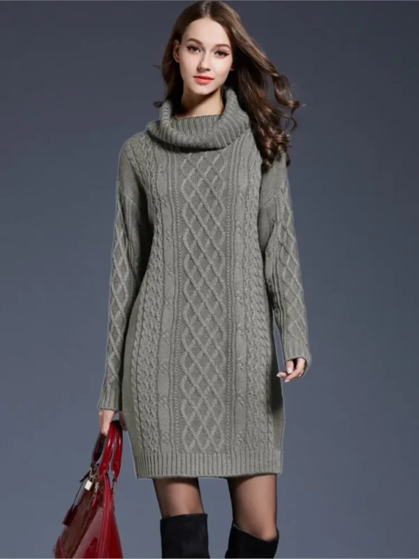 Elegant Solid Long Sleeve Winter Knitted Turtleneck Short Dress - Image 2