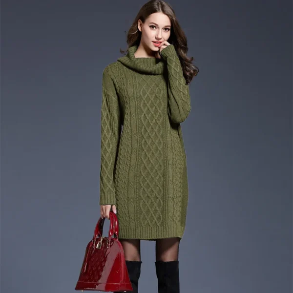 Elegant Solid Long Sleeve Winter Knitted Turtleneck Short Dress - Image 11