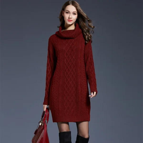 Elegant Solid Long Sleeve Winter Knitted Turtleneck Short Dress - Image 8