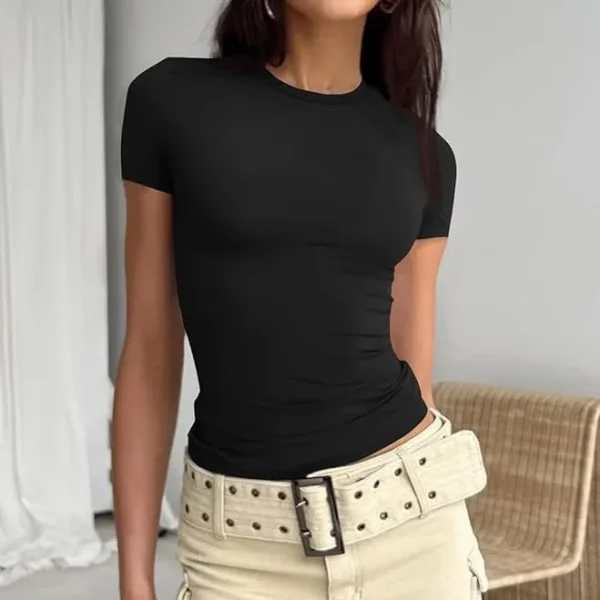 Short Sleeve Casual O-Neck Solid Slim Fit Tee Summer Sexy Basic Top Simple T Shirt - Image 8