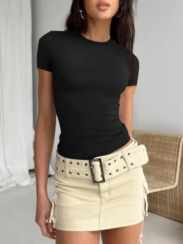 Short Sleeve Casual O-Neck Solid Slim Fit Tee Summer Sexy Basic Top Simple T Shirt