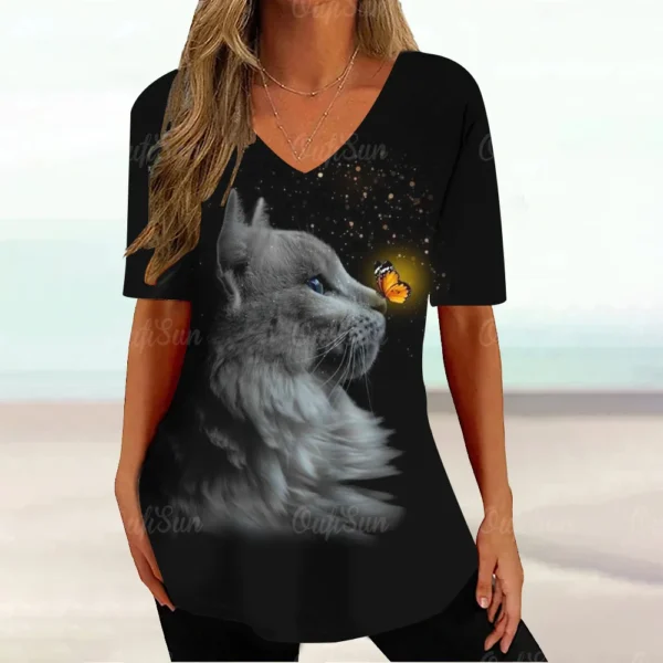 Kawaii Cat Graphic Tops Summer V-Neck Loose Short Sleeve T-shirt - Image 12