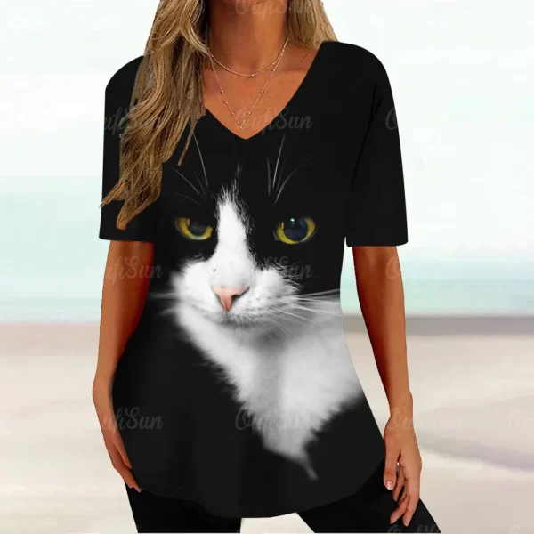 Kawaii Cat Graphic Tops Summer V-Neck Loose Short Sleeve T-shirt