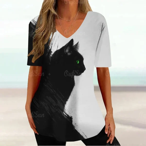 Kawaii Cat Graphic Tops Summer V-Neck Loose Short Sleeve T-shirt - Image 2
