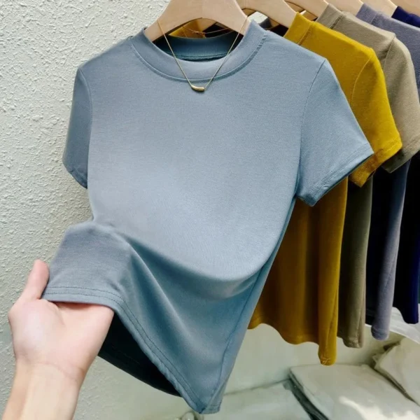 Solid Pink Short Sleeve Tight Elastic Crew Neck T-Shirt - Image 9