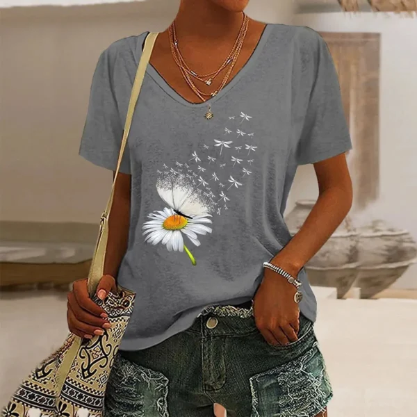 Fashion Casual Street Short-Sleeved V-Neck Oversized Dandelion Graphic Printing T-Shirt - Image 2