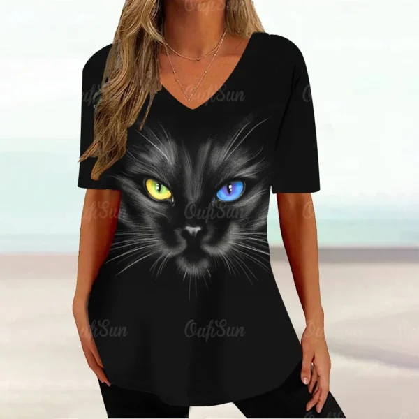 Kawaii Cat Graphic Tops Summer V-Neck Loose Short Sleeve T-shirt - Image 6