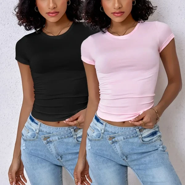 Simple and Elegant Crew Neck Casual Slim Fit Short Sleeve T-Shirts - Image 2