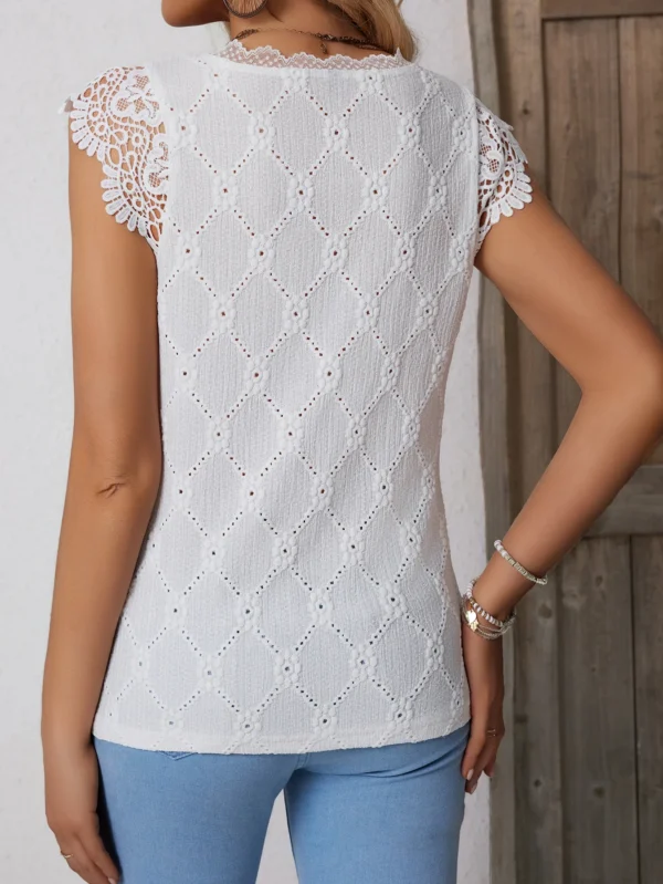2025 Summer Women's white T-shirt Lace Splicing Comfortable Loose Pullover Casual Fashion Thin Square Collar Top - Image 6