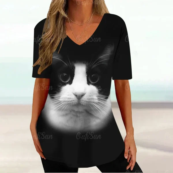 Kawaii Cat Graphic Tops Summer V-Neck Loose Short Sleeve T-shirt - Image 23