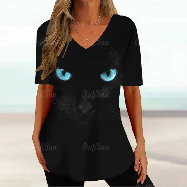 Kawaii Cat Graphic Tops Summer V-Neck Loose Short Sleeve T-shirt - Image 4