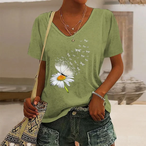 Fashion Casual Street Short-Sleeved V-Neck Oversized Dandelion Graphic Printing T-Shirt - Image 6