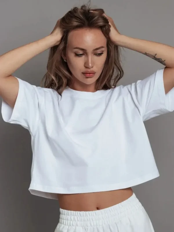 100% Cotton Short Chic Vintage O Neck Top T-Shirt - Image 8