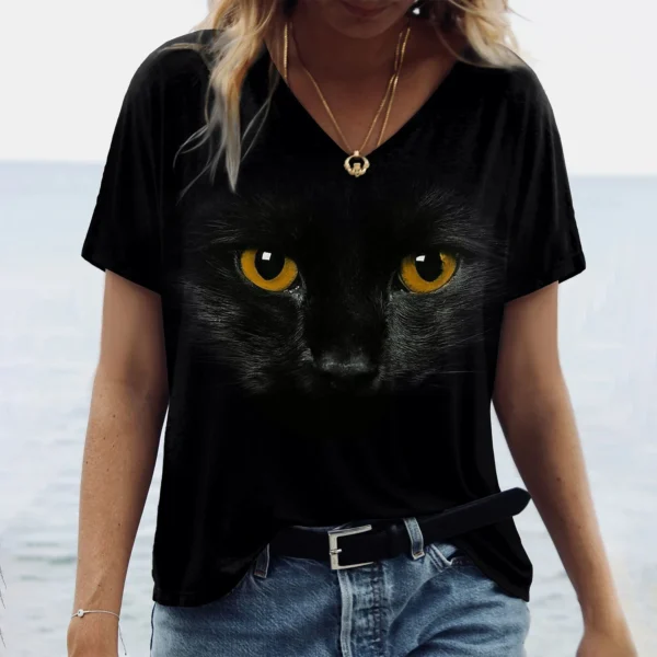 Kawaii Cat Graphic Tops Summer V-Neck Loose Short Sleeve T-shirt - Image 29