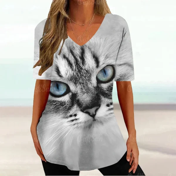 Kawaii Cat Graphic Tops Summer V-Neck Loose Short Sleeve T-shirt - Image 7