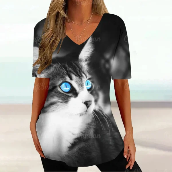 Kawaii Cat Graphic Tops Summer V-Neck Loose Short Sleeve T-shirt - Image 21