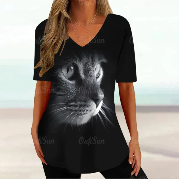 Kawaii Cat Graphic Tops Summer V-Neck Loose Short Sleeve T-shirt - Image 13