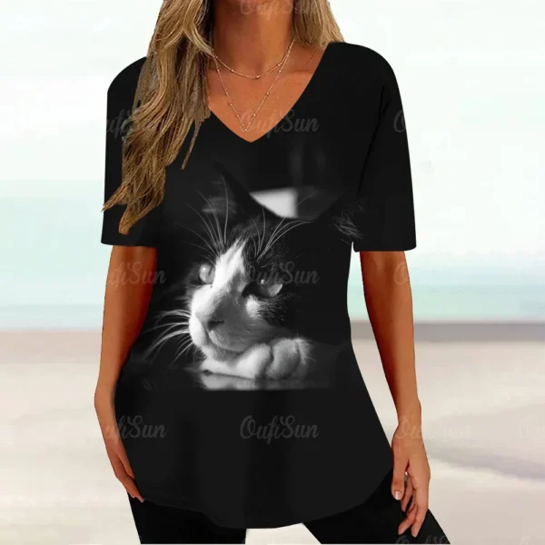 Kawaii Cat Graphic Tops Summer V-Neck Loose Short Sleeve T-shirt - Image 19