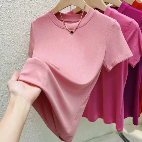 Solid Pink Short Sleeve Tight Elastic Crew Neck T-Shirt