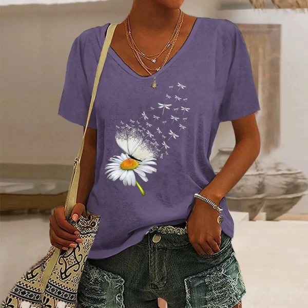 Fashion Casual Street Short-Sleeved V-Neck Oversized Dandelion Graphic Printing T-Shirt - Image 4