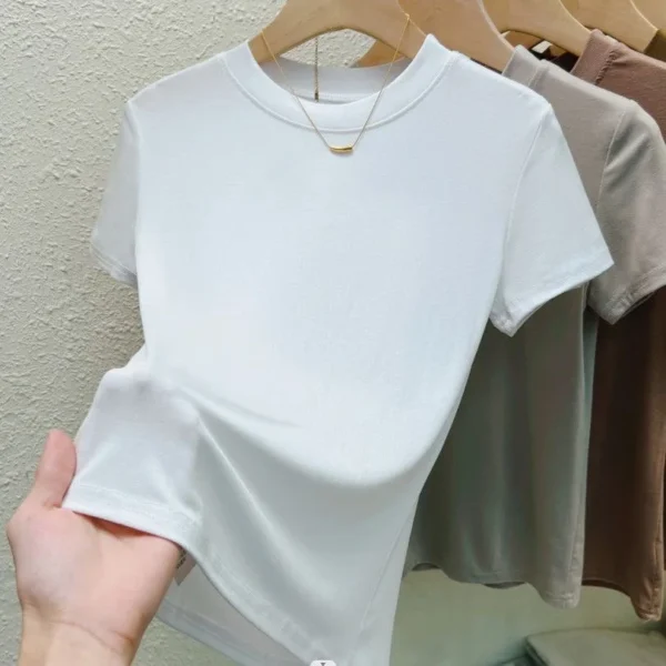 Solid Pink Short Sleeve Tight Elastic Crew Neck T-Shirt - Image 3