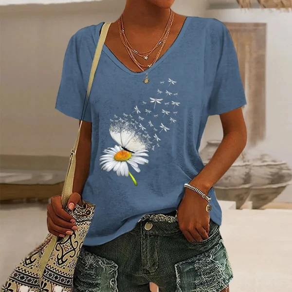 Fashion Casual Street Short-Sleeved V-Neck Oversized Dandelion Graphic Printing T-Shirt - Image 5