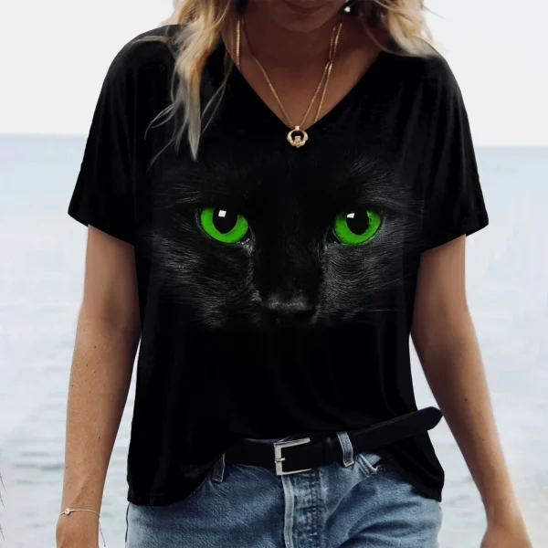 Kawaii Cat Graphic Tops Summer V-Neck Loose Short Sleeve T-shirt - Image 31