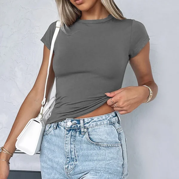 Short Sleeve Casual O-Neck Solid Slim Fit Tee Summer Sexy Basic Top Simple T Shirt - Image 14