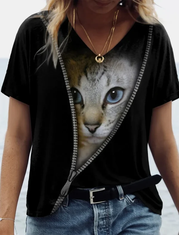 Kawaii Cat Graphic Tops Summer V-Neck Loose Short Sleeve T-shirt - Image 24