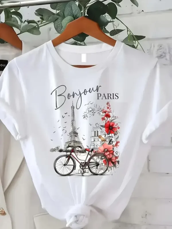 Casual Short Sleeve Printed Bonjour Paris T-Shirt Fashion Wear - Image 2