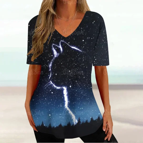 Kawaii Cat Graphic Tops Summer V-Neck Loose Short Sleeve T-shirt - Image 15